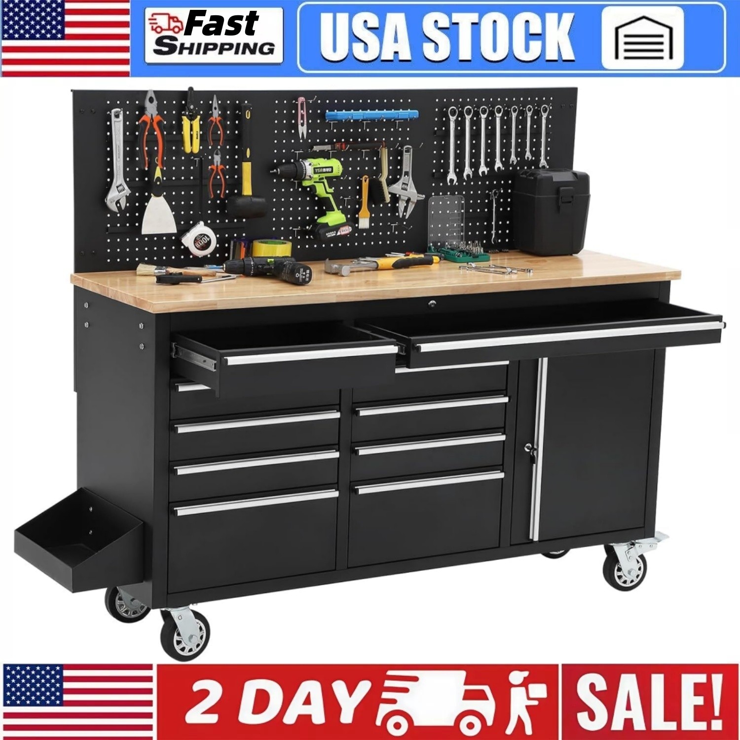 ✅🔥61inch Rolling Tool Chest Garage 10 Drawers Workbench Storage Tool Cabinet St