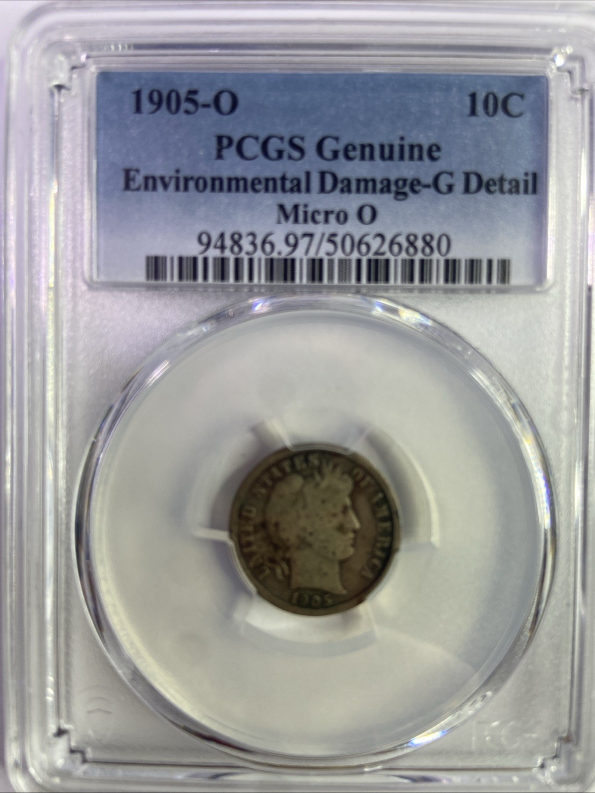 1905-o Micro O Barber Dime PCGS G Detail