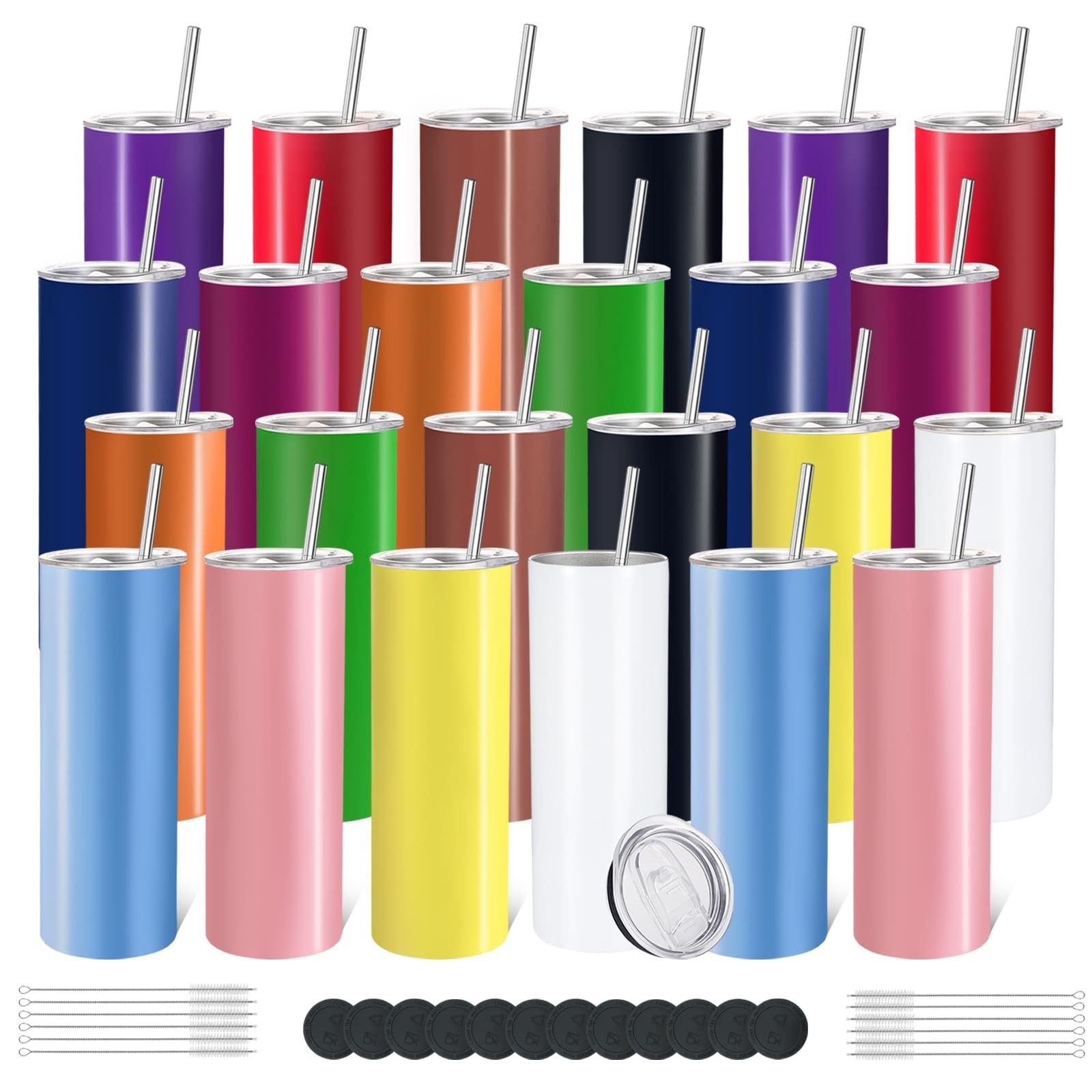 YOUKE OLA 24 Pack Stainless Steel Skinny Tumblers 20oz - Bulk Straight Double...