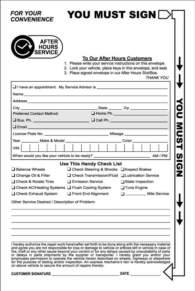 Automotive Night Drop Envelopes 6x9 Service Departments - After Hours