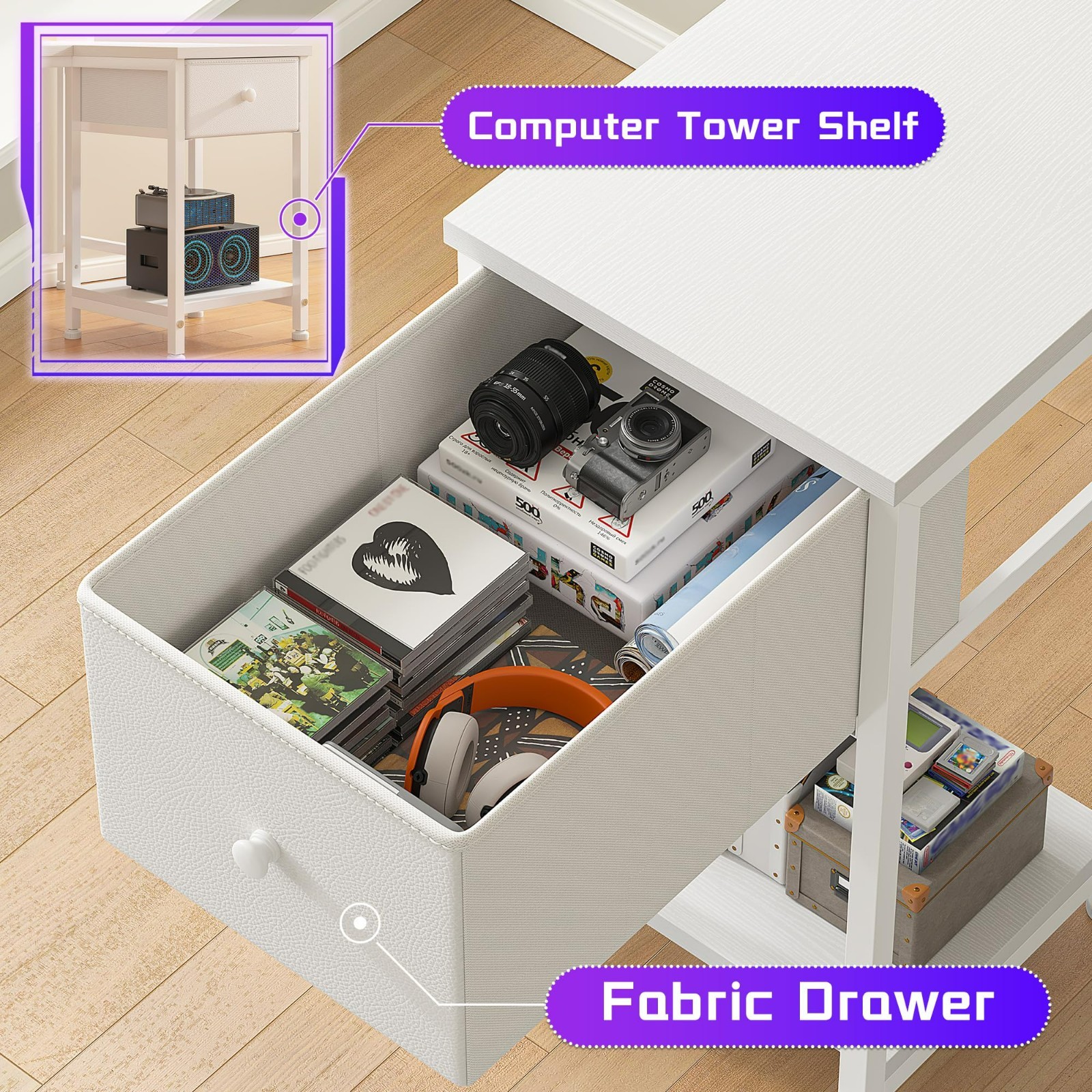 Study Table Office 40 inch L Shaped Computer Desk w/ Drawers & LED Lights,White