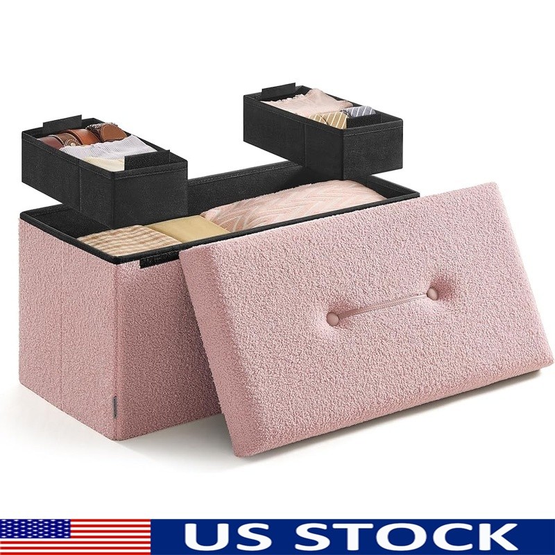 Stylish Folding Ottoman Storage Chest W/ Teddy Fleece Surface & Strong Support