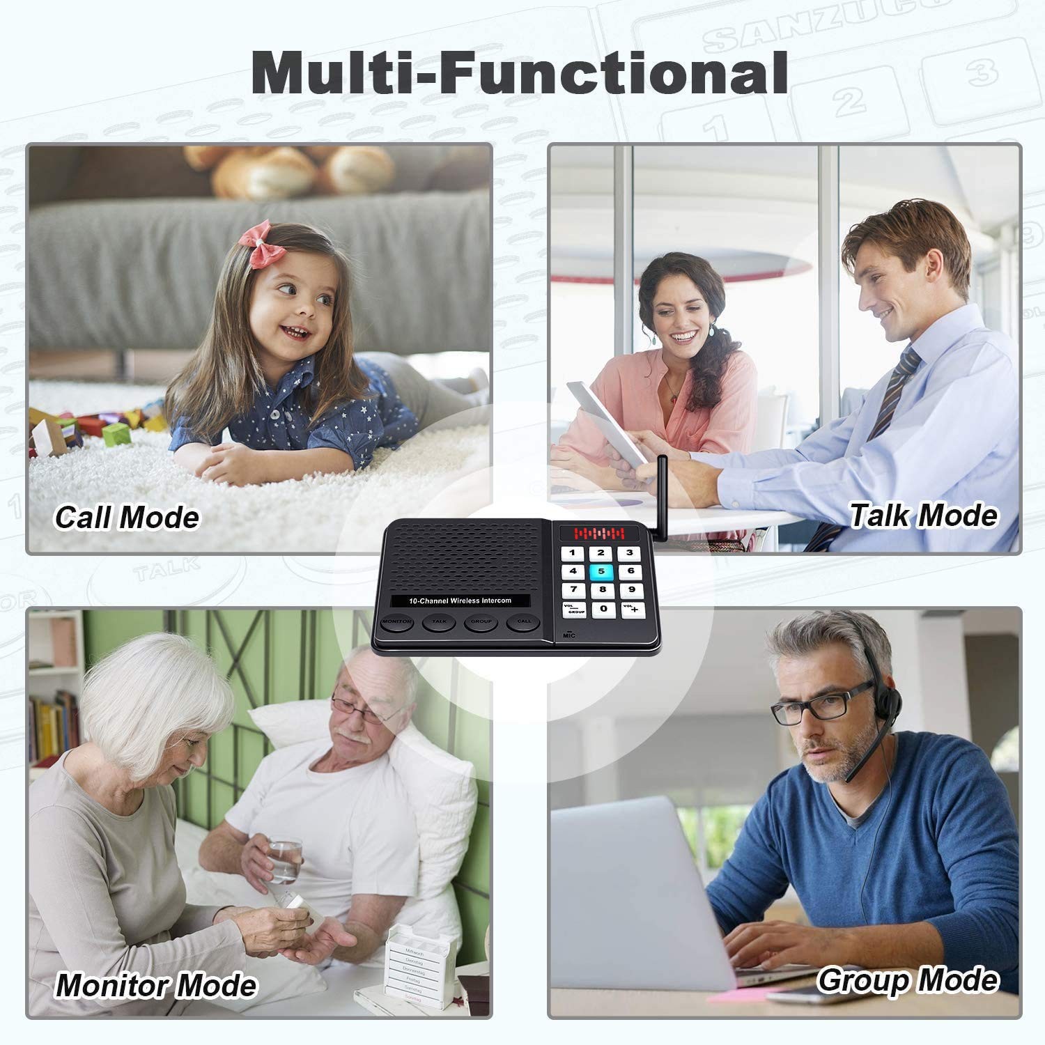 Intercoms Wireless for Home - 10 Channel 3 Privacy Code 2 Pack, Black White