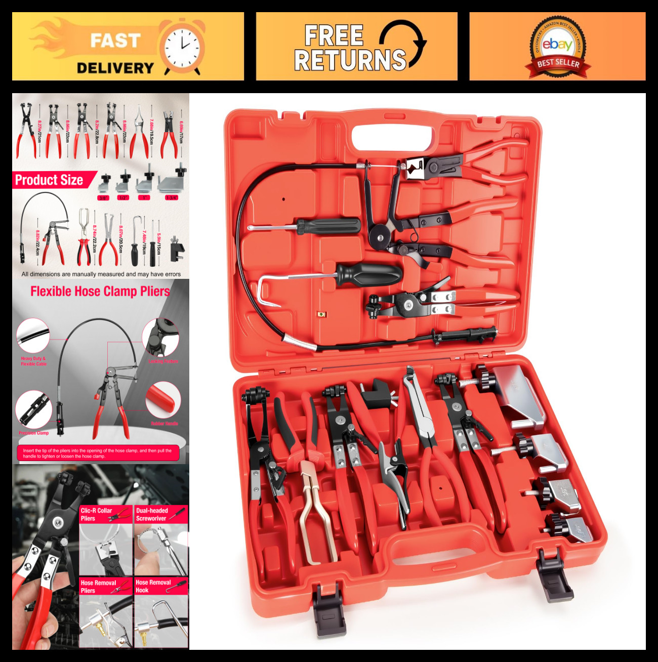 16PCS Hose Clamp Pliers Set, Long Reach Flexible Tool Kit for Radiator & Coolant