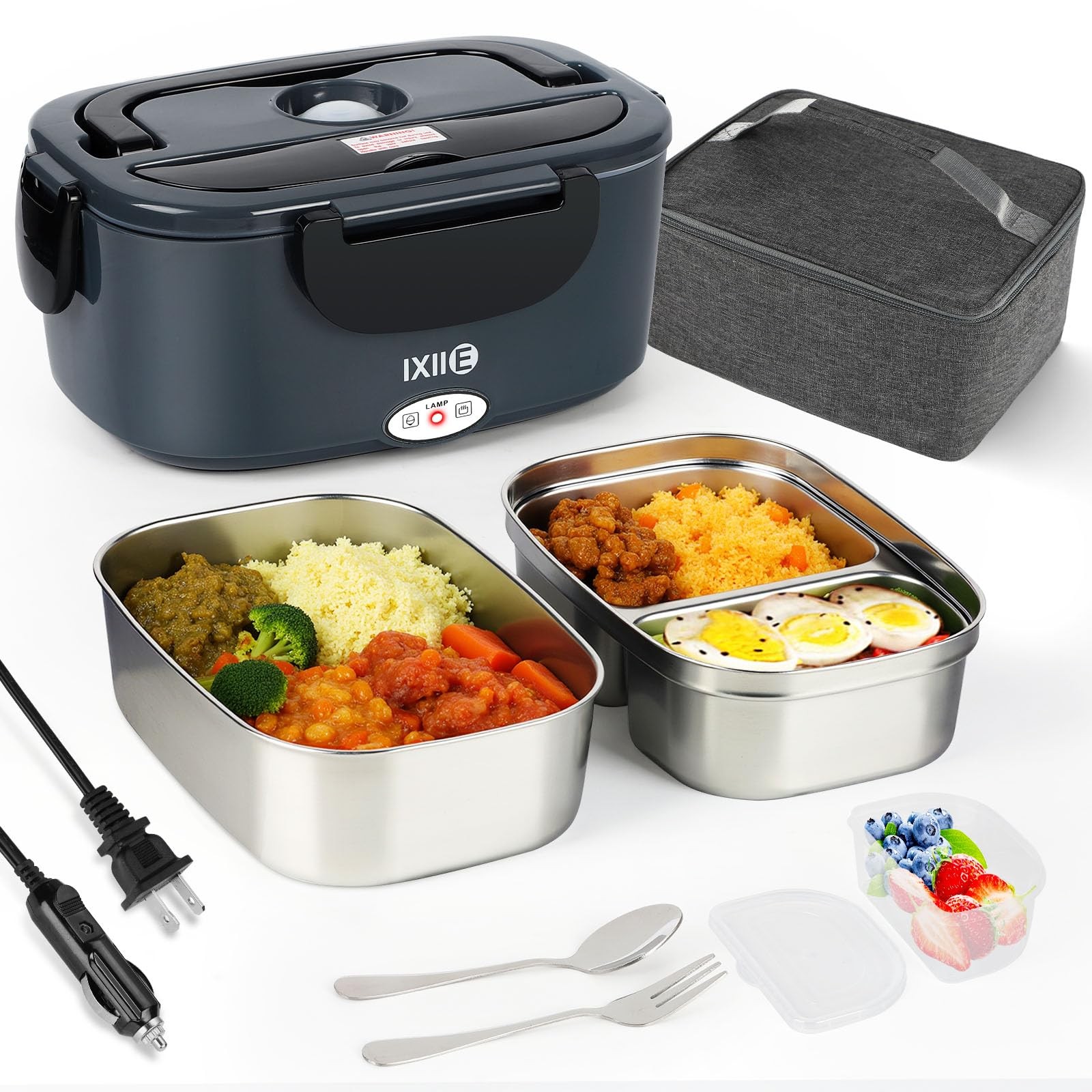 IXIIE Electric Lunch Box 80W Food Warmer for Work, Large, Grey+Black