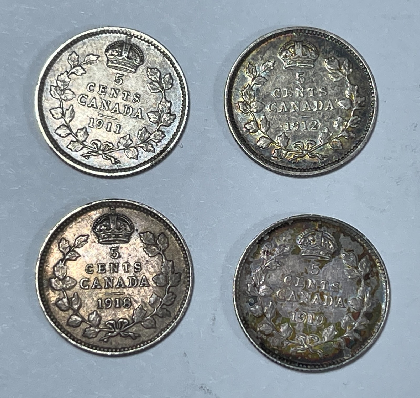 Canada 1911, 1912, 1918 & 1919 5C (#2811) decent coins 4pcs