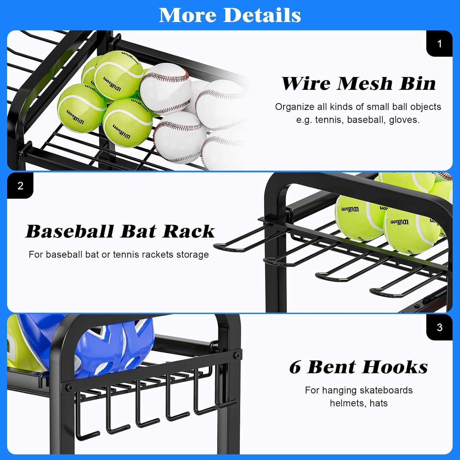 Garage Ball Storage Rack - Sports Equipment Organizer with Wheels, Rolling Sport