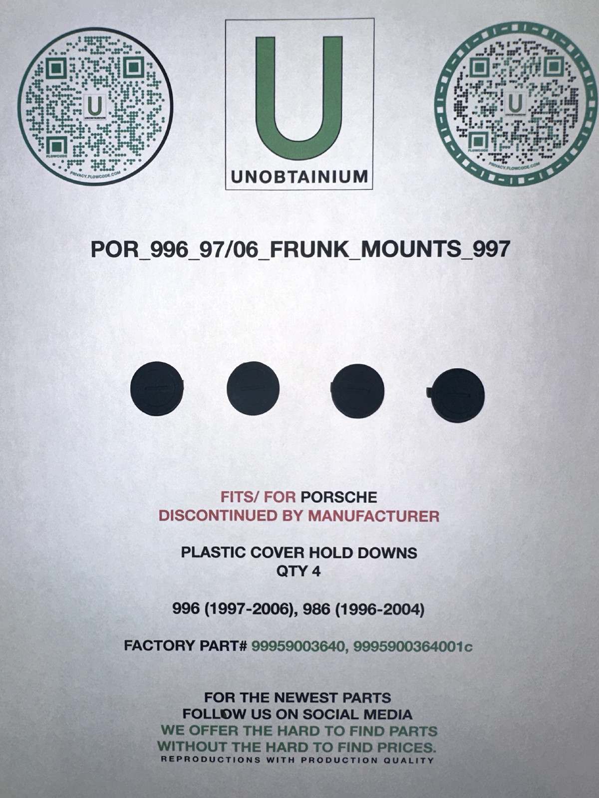 FITS/FOR PORSCHE 996 986 FRUNK MOUNTS QTY 4 PART# 99959003640 9995900364001c