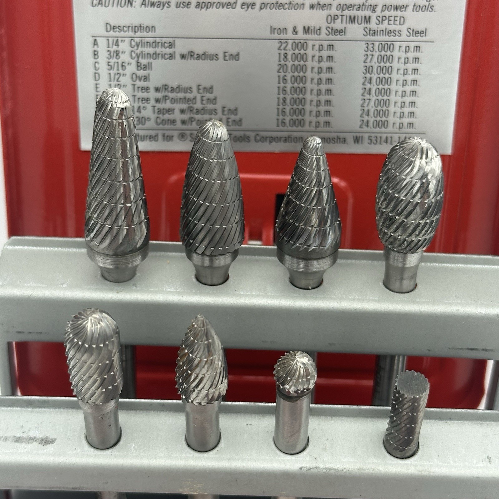 EXCELLENT CONDITION Snap-On 8-Piece Solid Carbide Burr Set VWB800B