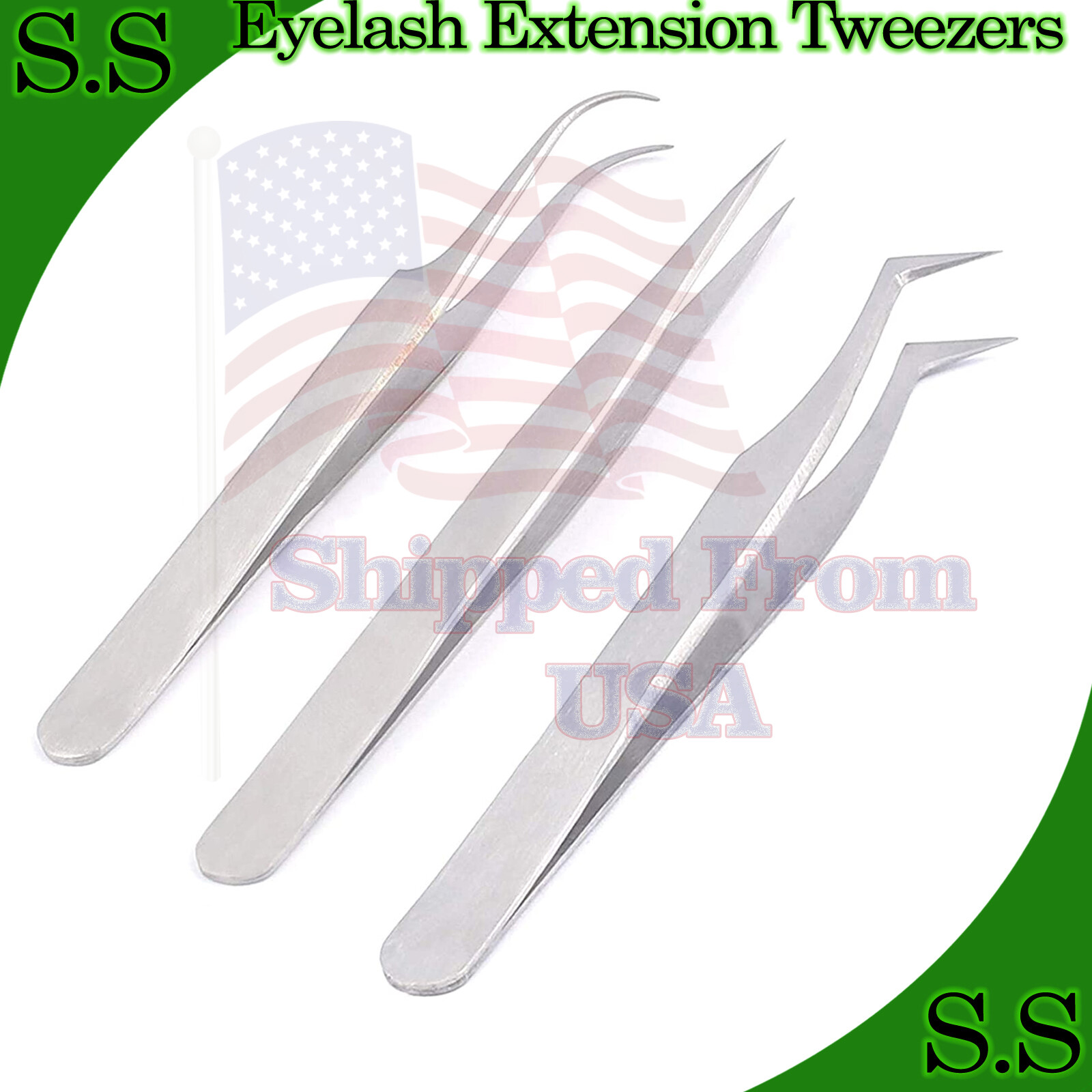 3 Pcs Eyelash Extension Tweezers Straight & Curved Stainless Steel Set