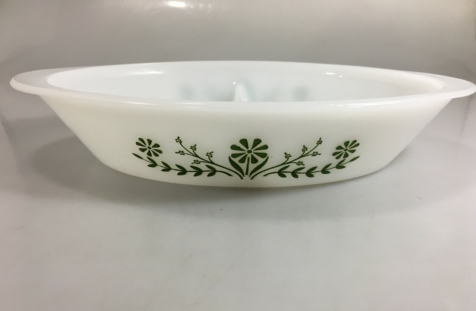 Jeannette Glasbake Green Daisy Divided Casserole #10 Oval Baker Dish 12"