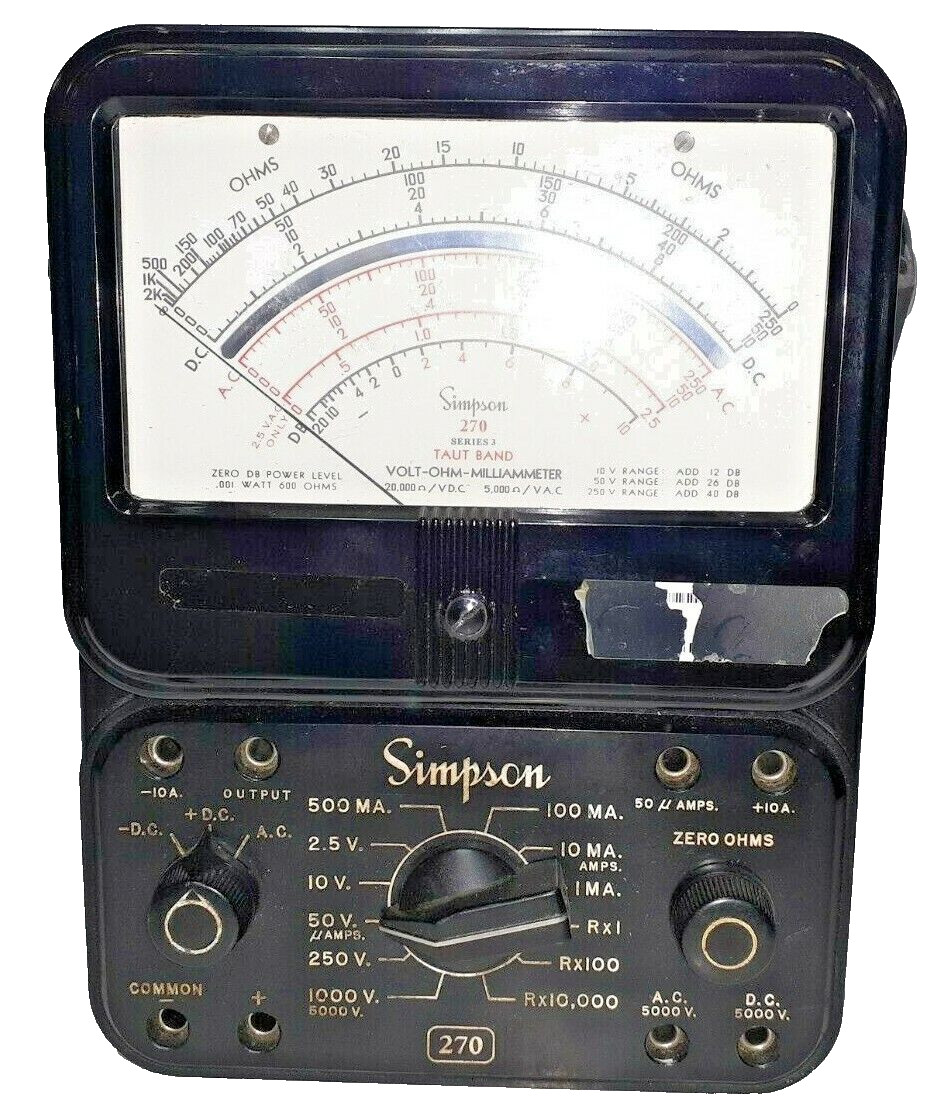 SIMPSON VOLT-OHM-MILLIAMMETER #270 SERIES 3 20,000 OHM VDC 5,000 OHM VAC