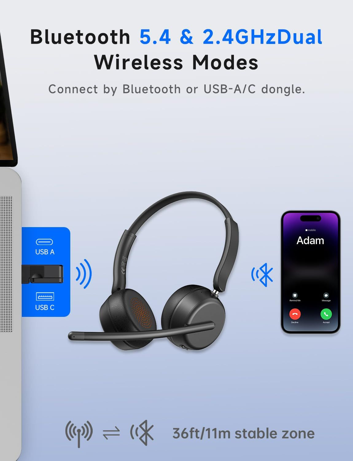AOC Wireless Headset with Mic for Work, Bluetooth 5.4 Headphones Dark Black