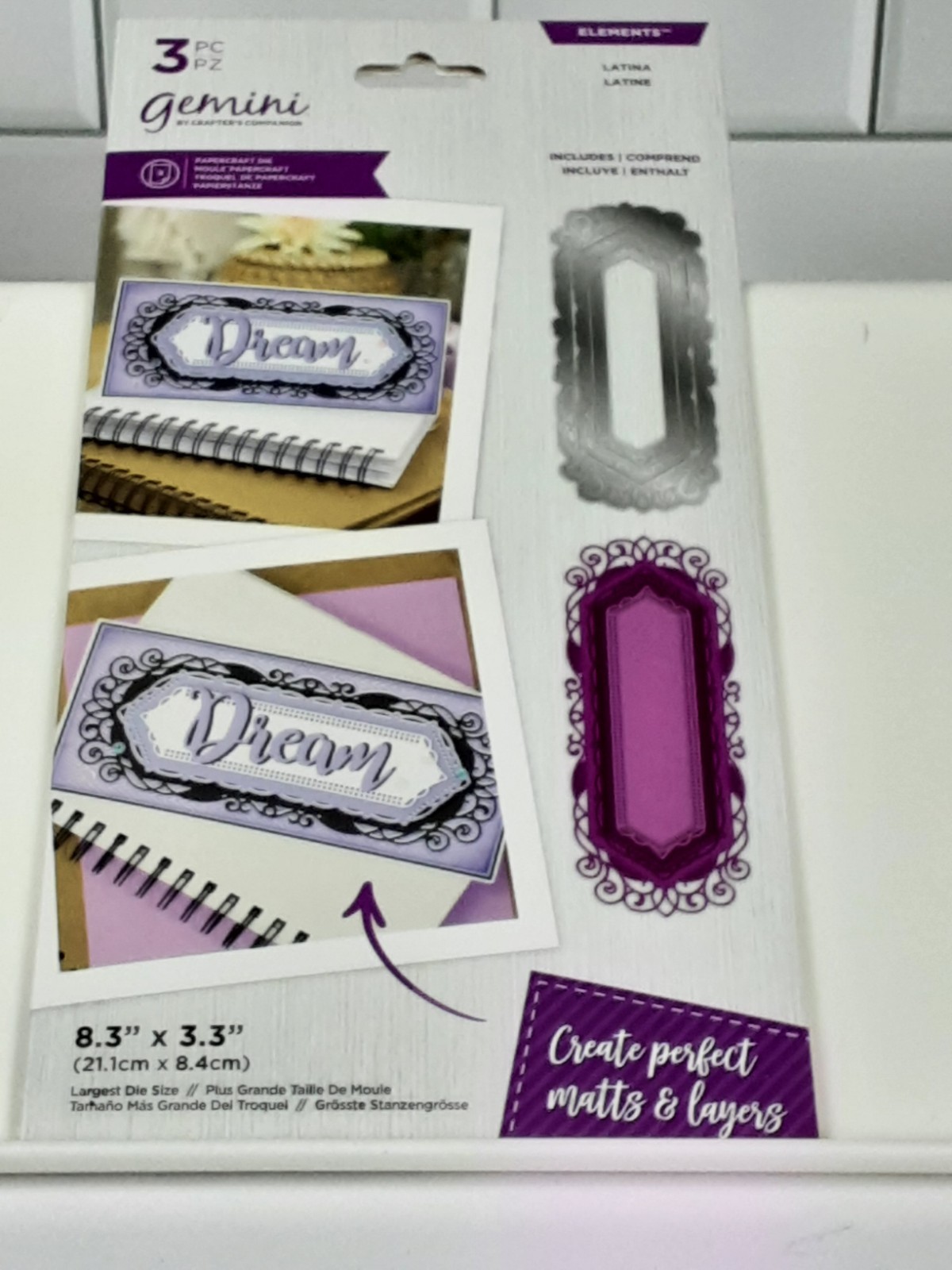 NEW Gemini Elements Latina 3 Die Set Largest 8x3.3" Slimline Layers Add Words