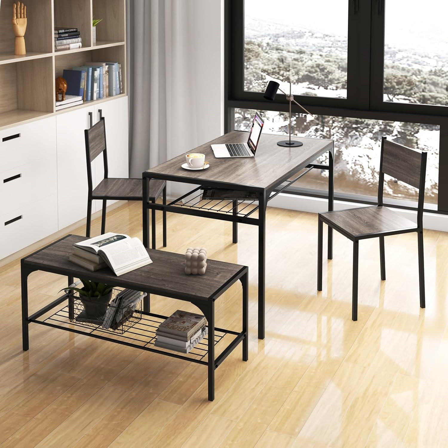 Compact 4-Piece Dining Set with Bench & Storage - Industrial Style (Black & Grey