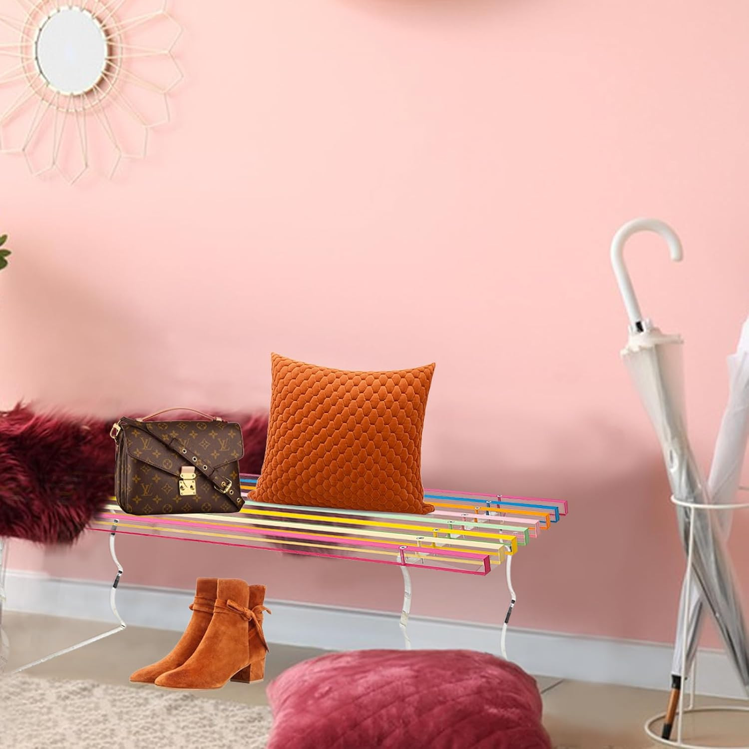 Large Rainbow Acrylic Entryway Bench for Shoes, Bedroom & Living Room