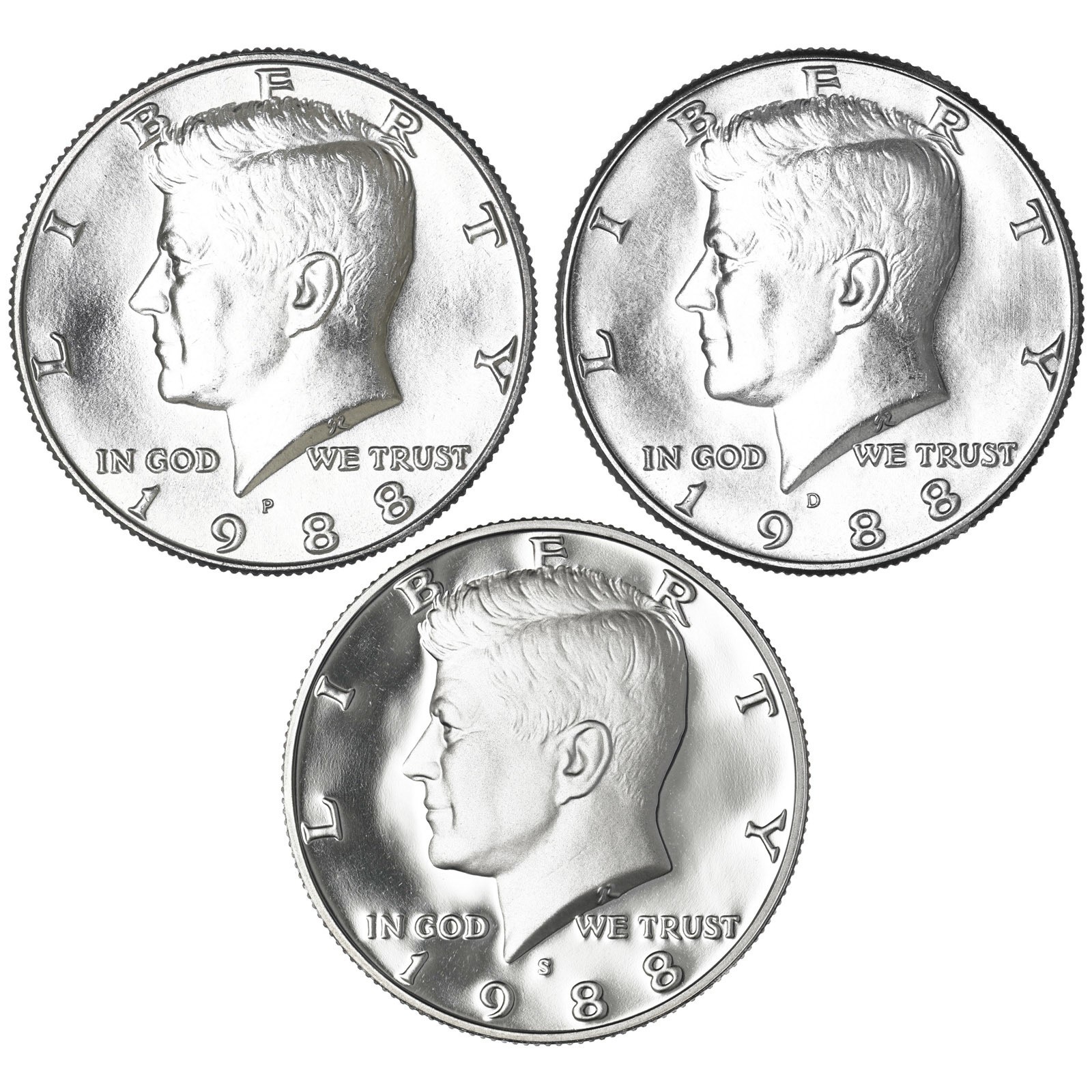 1988 P D S Kennedy Half Dollar Year Set Proof & BU US 3 Coin Lot