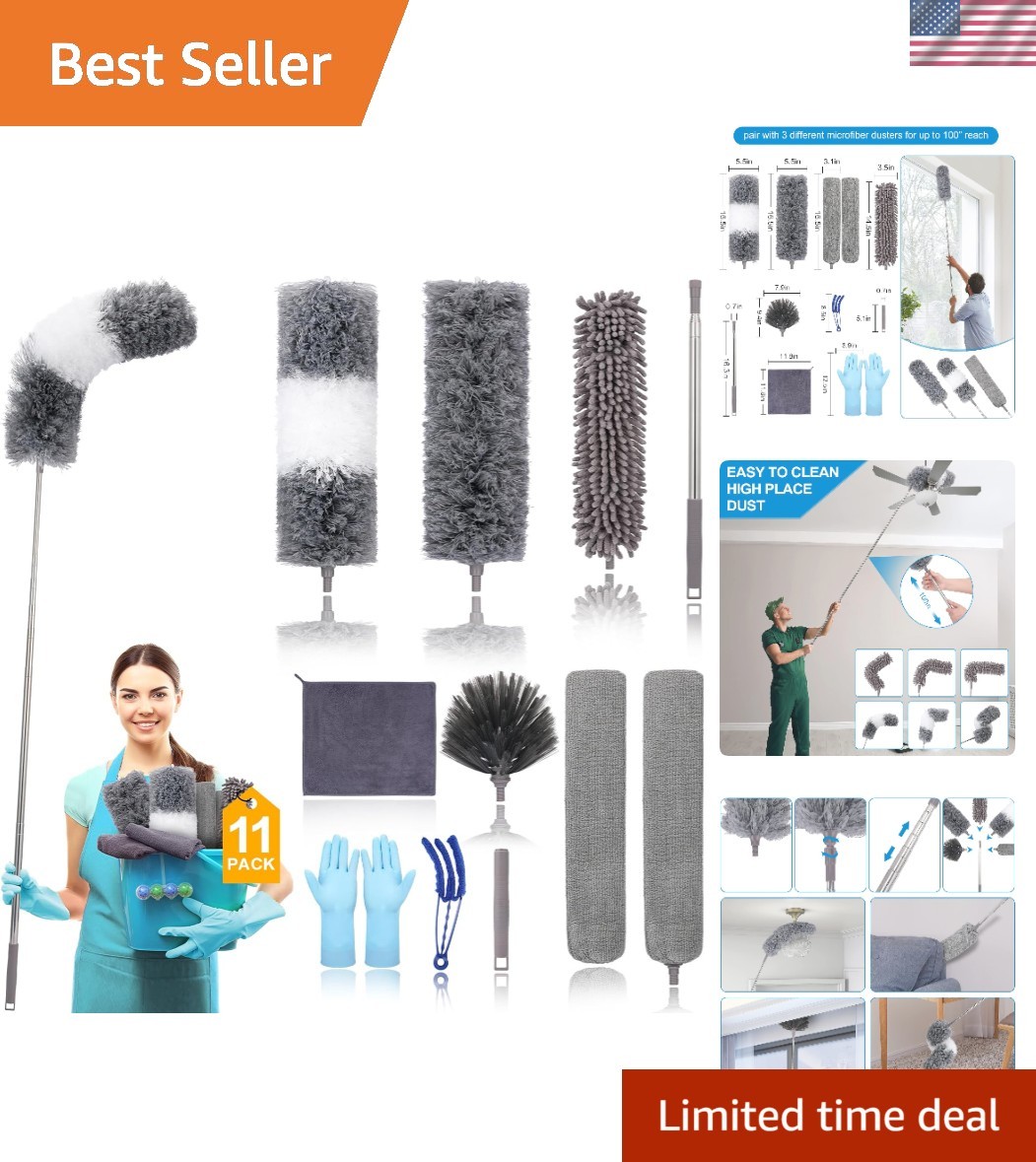 Microfiber Extendable Feather Duster 11pcs with 100" Extension Pole, Washable...