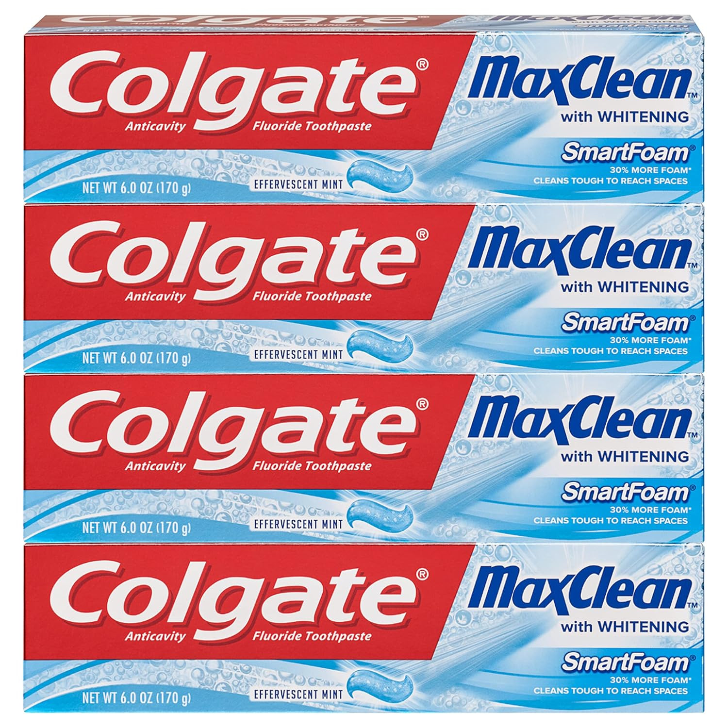 Max Clean Whitening Foaming Toothpaste with Fluoride, Effervescent Mint, 6 Ounce