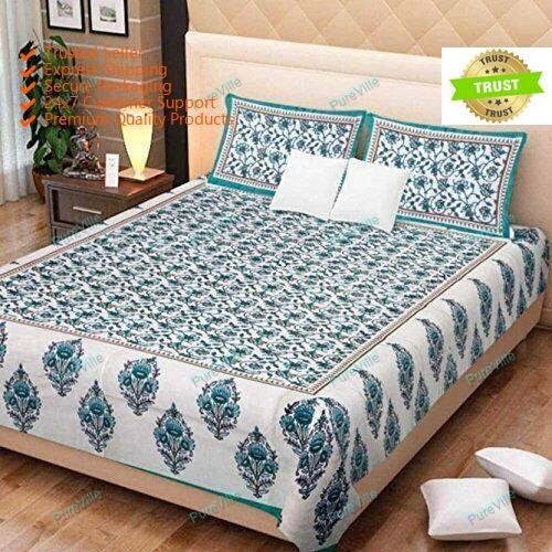 Attartive 3 Kaam Jaal Pure Cotton Green Double Bed Sheet With Two Pillow Cover