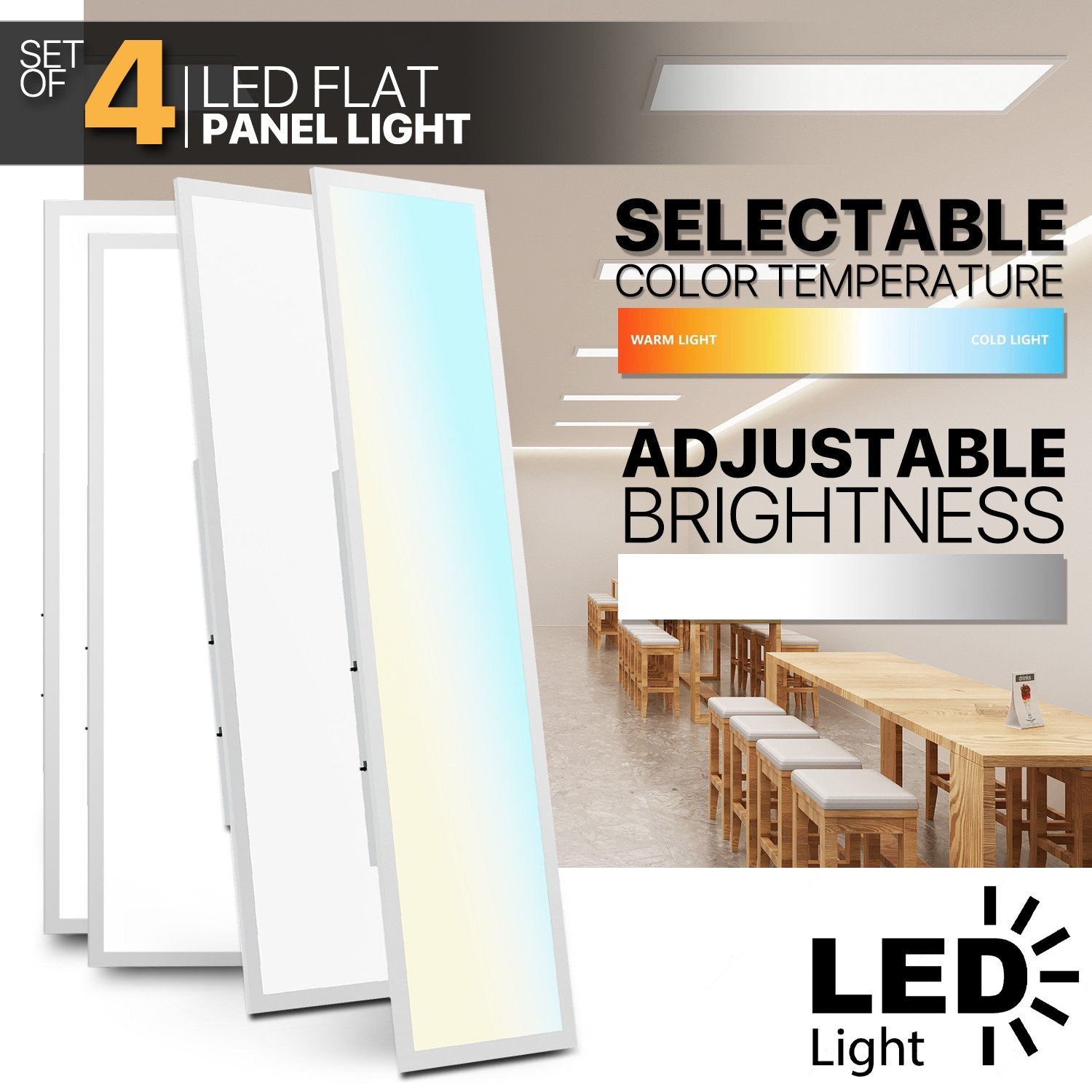 4 Pcs 1x4 LED Flat Panel Troffer Light 4000LM 5000K Dimmable Drop Ceiling Light