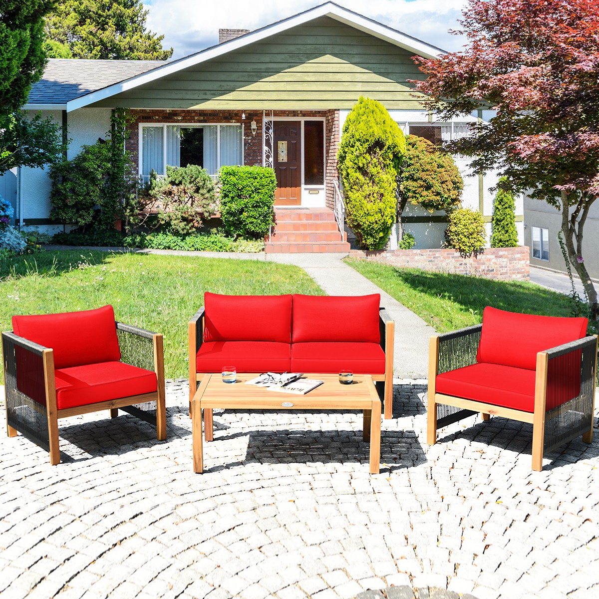 Patiojoy 4PCS Acacia Wood Patio Furniture Set Cushioned Sofa W/Rope Armrest Red