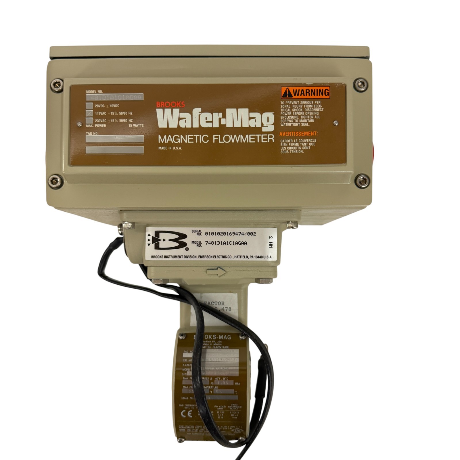 Brooks Wafer-Mag Magnetic Flowmeter 7481D1A1C1AGAA with S-Mag Magnetic Flowtube