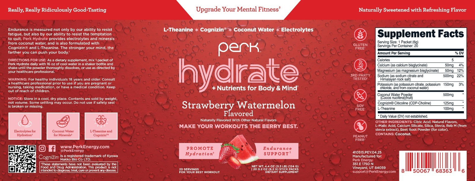 Perk Hydrate Electrolyte Stickpacks Strawberry Watermelon Flavored (20 Packets)