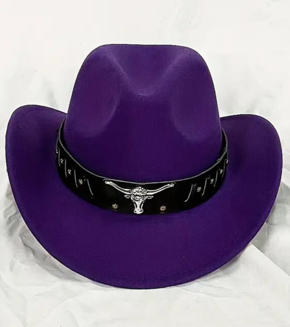 Purple Western Cowboy Cowgirl Hat for Men Women – Black Bull Strap Retro Felt