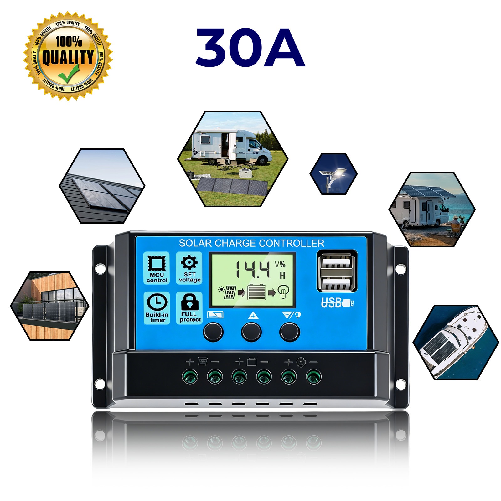 30A Solar Panel Battery Charger Controller 12V/24V LCD Regulator Auto with USB