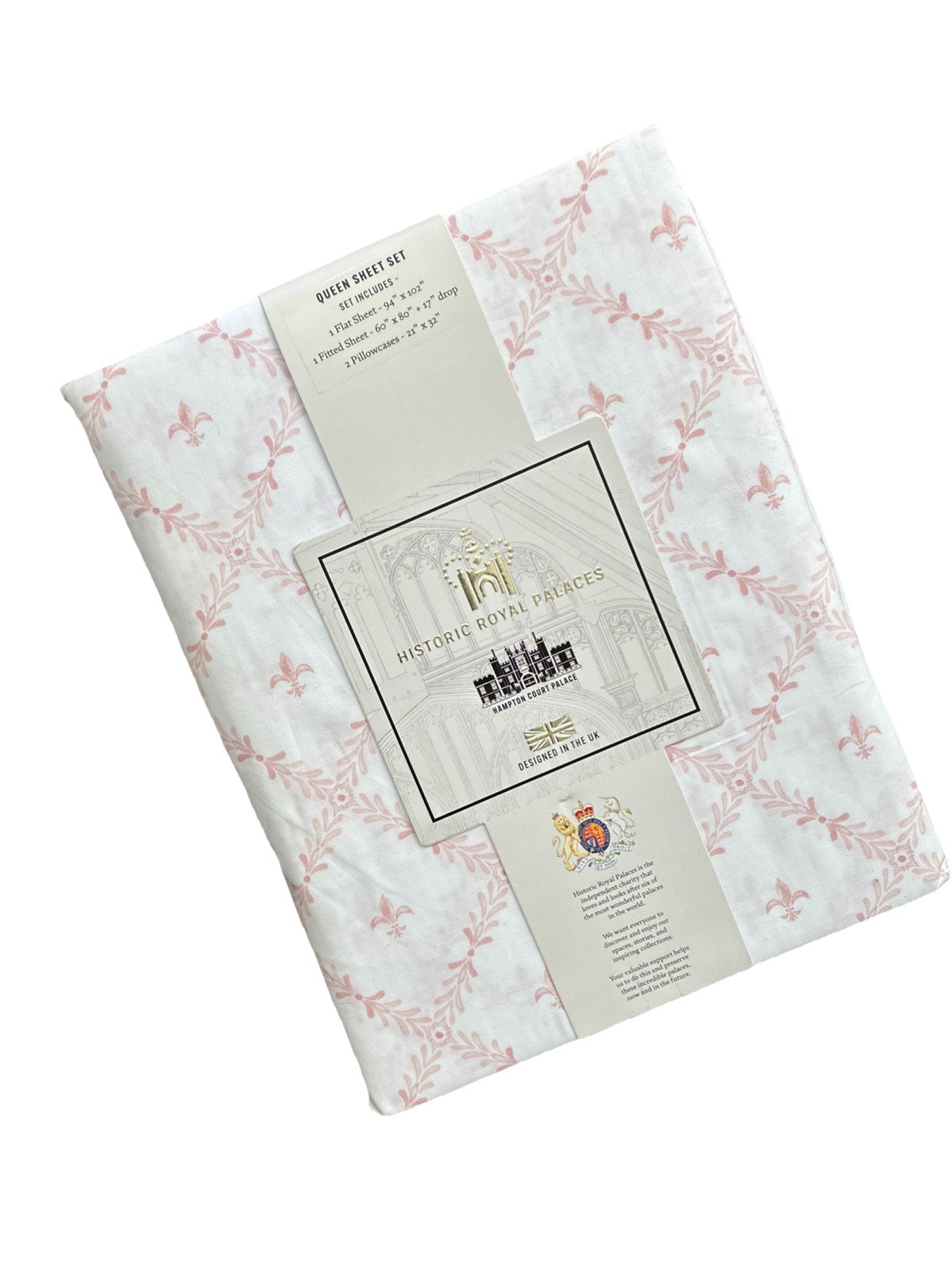New Historic Royal Palaces 4 Pc Queen Sheet Set Fleur de Lis Plaster Pink French