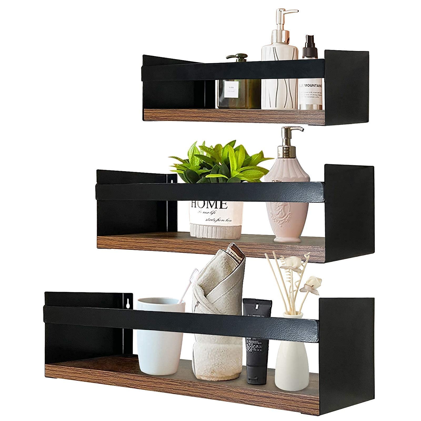 Black Floating Shelves for Wall Set of 3, Industrial Thick Wall Shelf Rack wi...