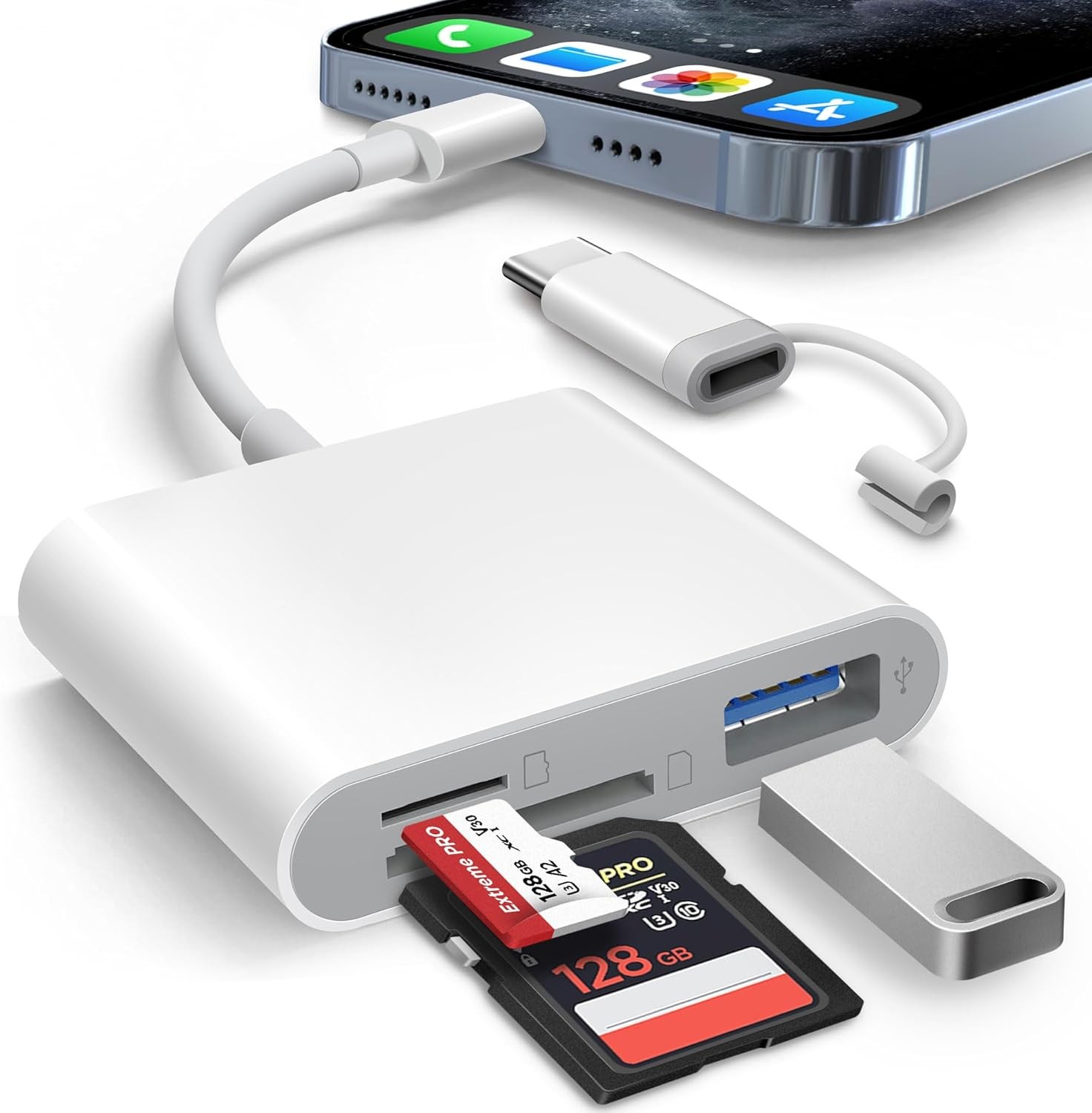SD Card Reader for iPhone iPad Built-in Lightening & USB-C Dual Connectors Card