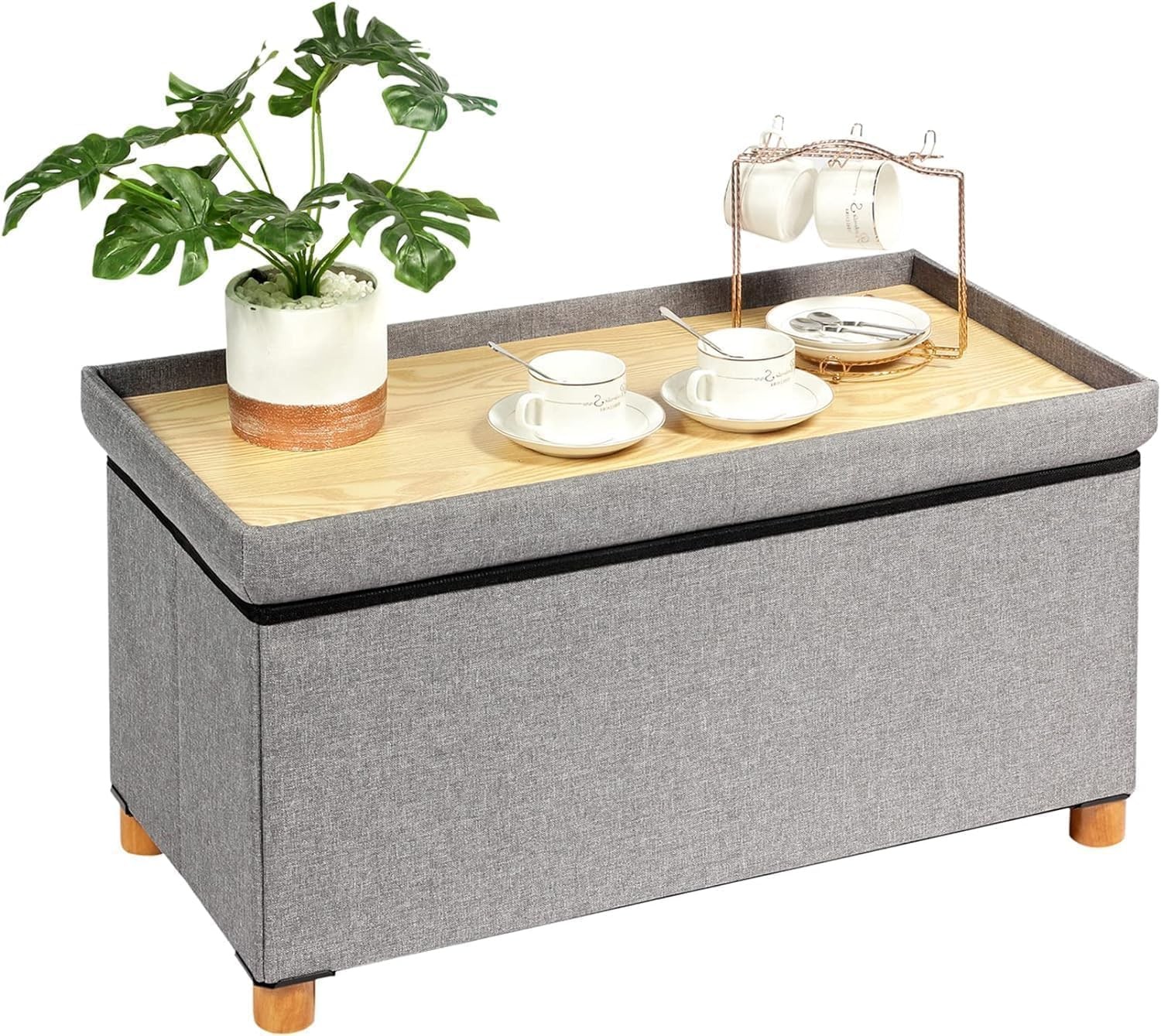 PINPLUS Ottoman with Storage Coffee Table, Grey Footrest-Stool Linen Toy Chest w