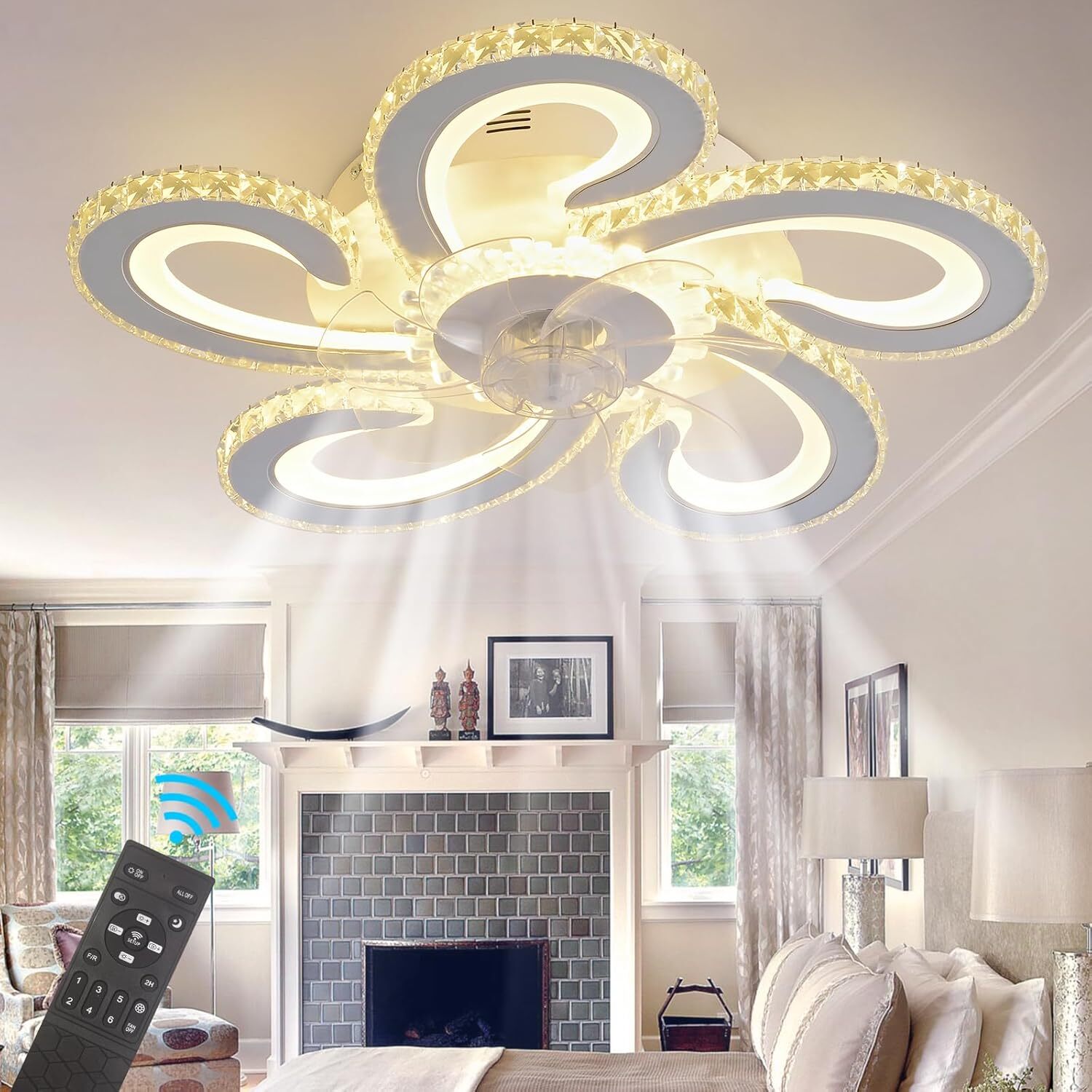 Panghuhu88 Ceiling Fan with Lights,Crystal ceiling Fans lights Off-White