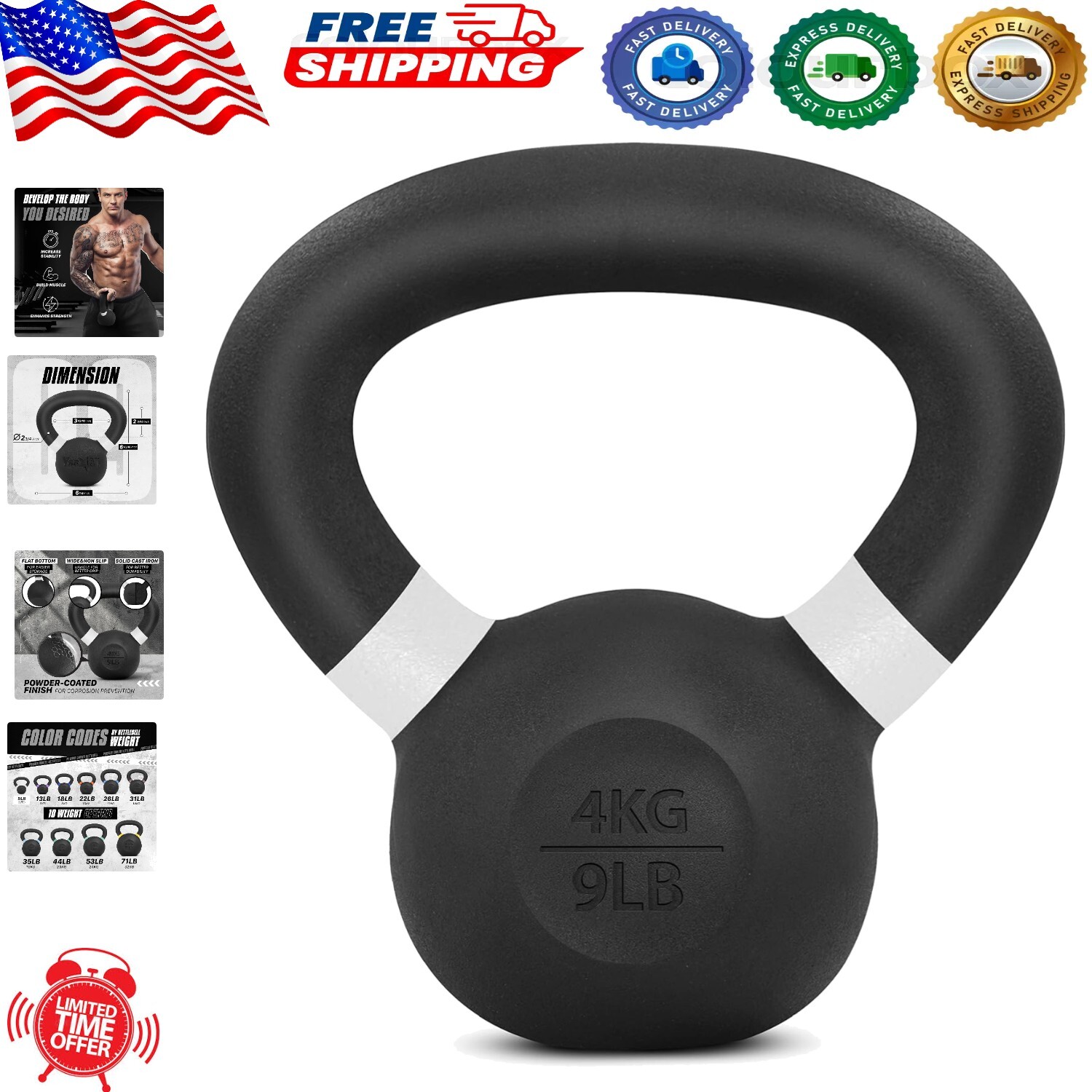 4kg Powder Coated Cast Iron Kettlebell for Full Body Strength Training