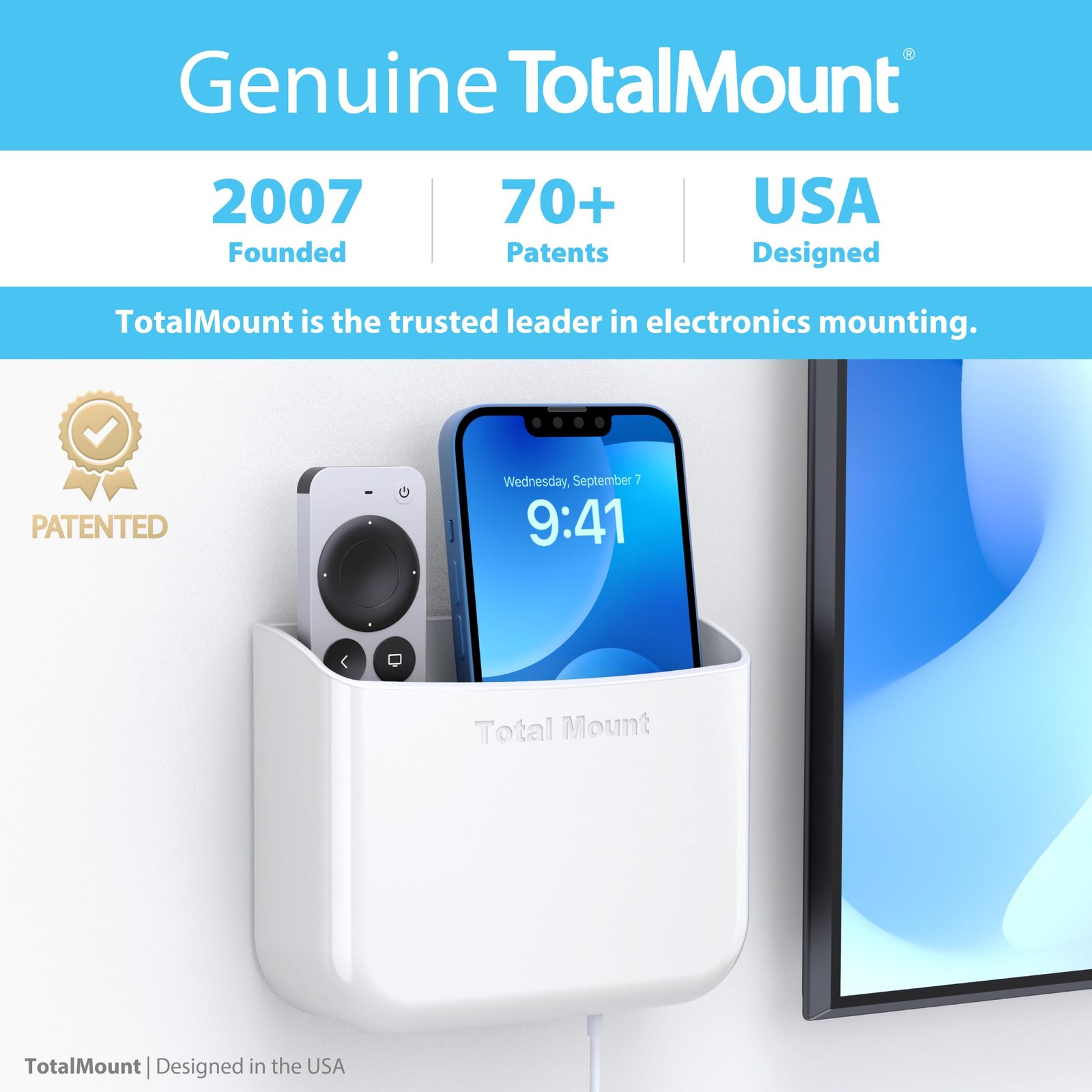 TotalMount Drop-Free Remote Holder – Removable Adhesive Strips – White