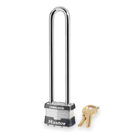 Master Lock 1Ln Padlock, Keyed Different, Long Shackle, Rectangular Steel Body,