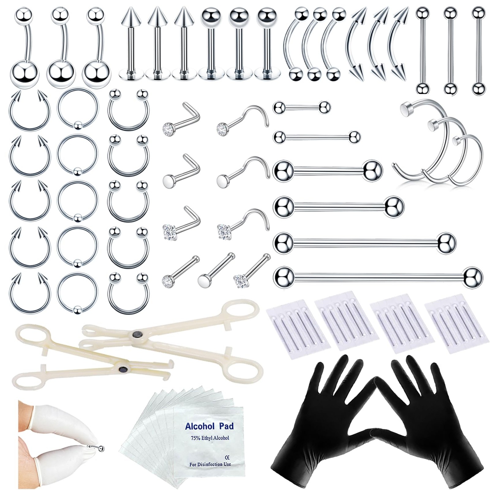 TKKUY 80PCS Nose Piercing Kit: Stainless Steel Body 80PCS, Silver