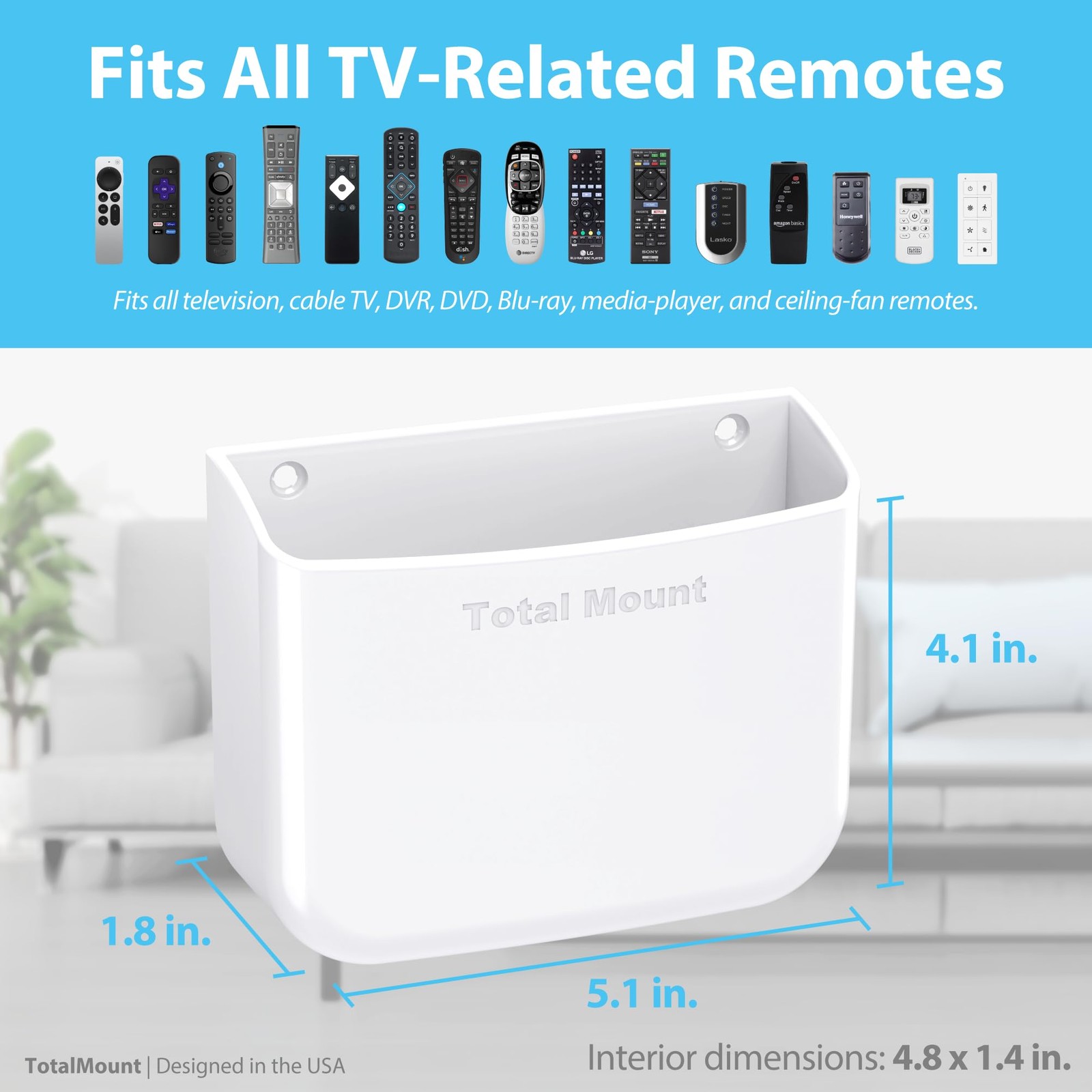 TotalMount Drop-Free Remote Holder – Removable Adhesive Strips – White