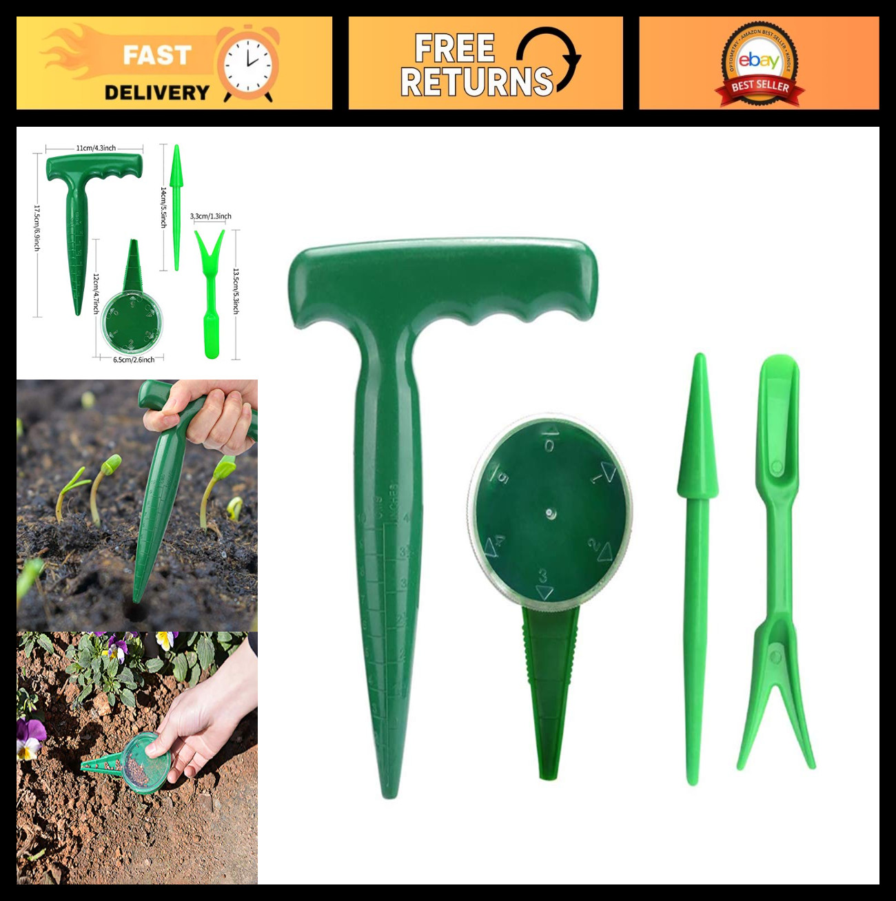 4 Pack Adjustable Seed Dispenser & Dibber Set, Garden Tools for Planting & Seedl