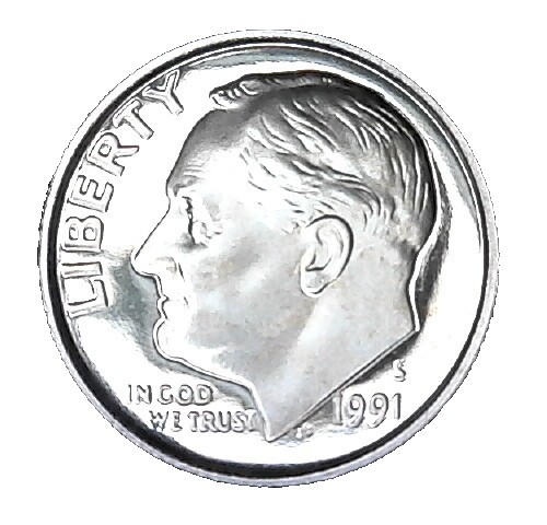 WORLD COIN SALE--1991 S UNITED STATES ROOSEVELT LIBERTY DCAM PROOF DIME KM# 195a