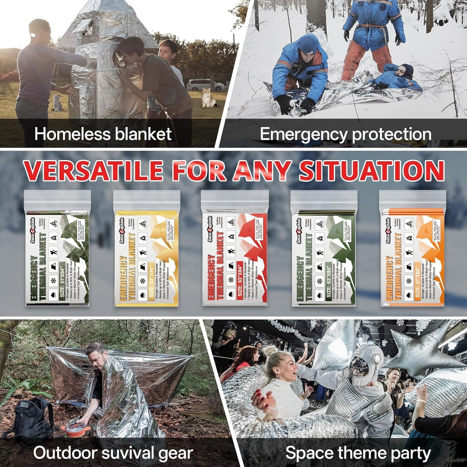 Survival Emergency Thermal Blankets: Extra Large 84” x63” Space Mylar 4 Pack