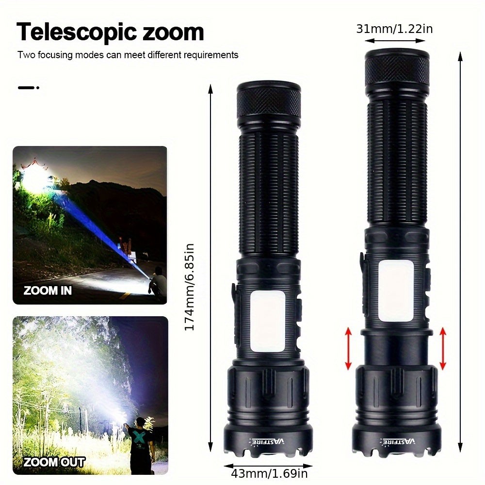Zoom LED Flashlight Work Light USB Type-C Charging COB Side Light Torch +Battery