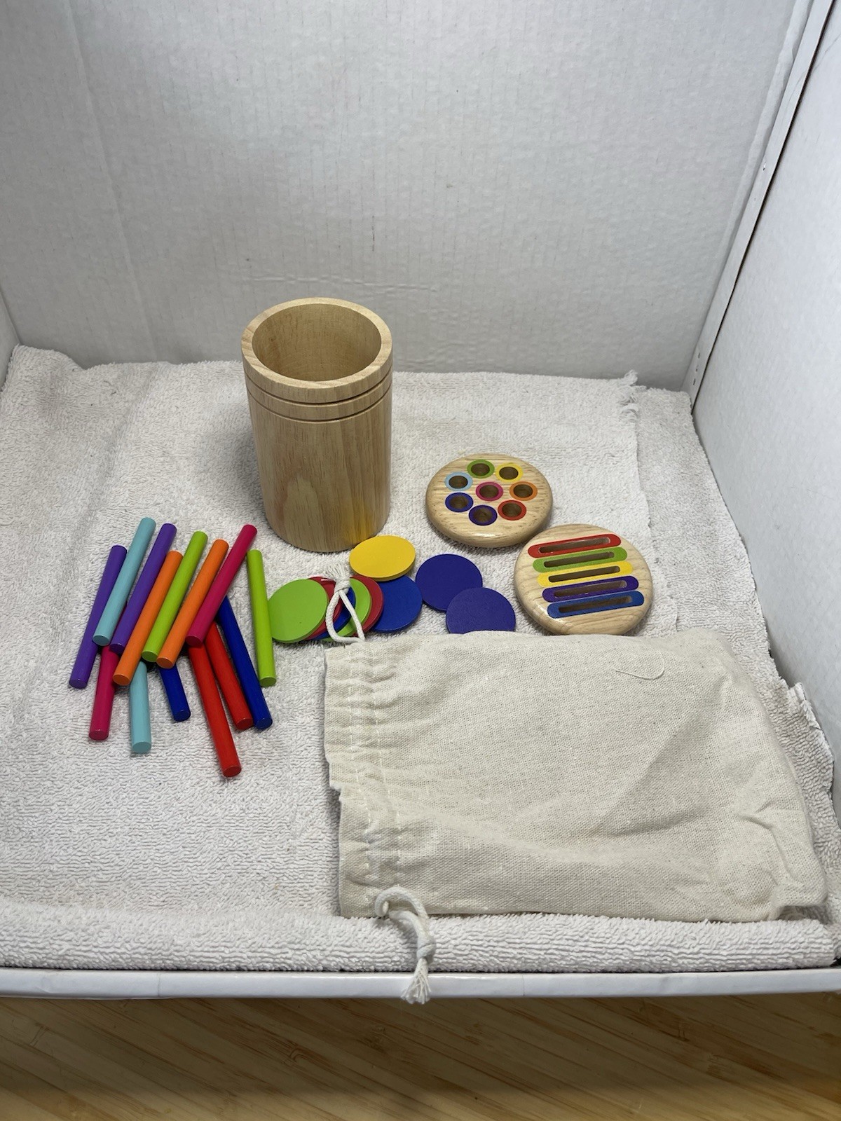 Montessori Wooden Sorting Matching Toy Set Color Sticks Discs Storage Bag