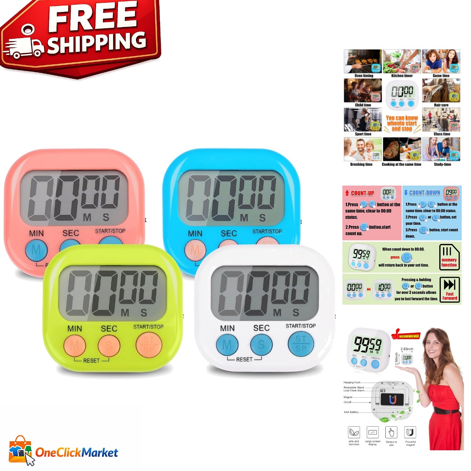 Versatile Electronic Timer - 4 Bright Colors, Ideal for Work, Exercise & Cooking