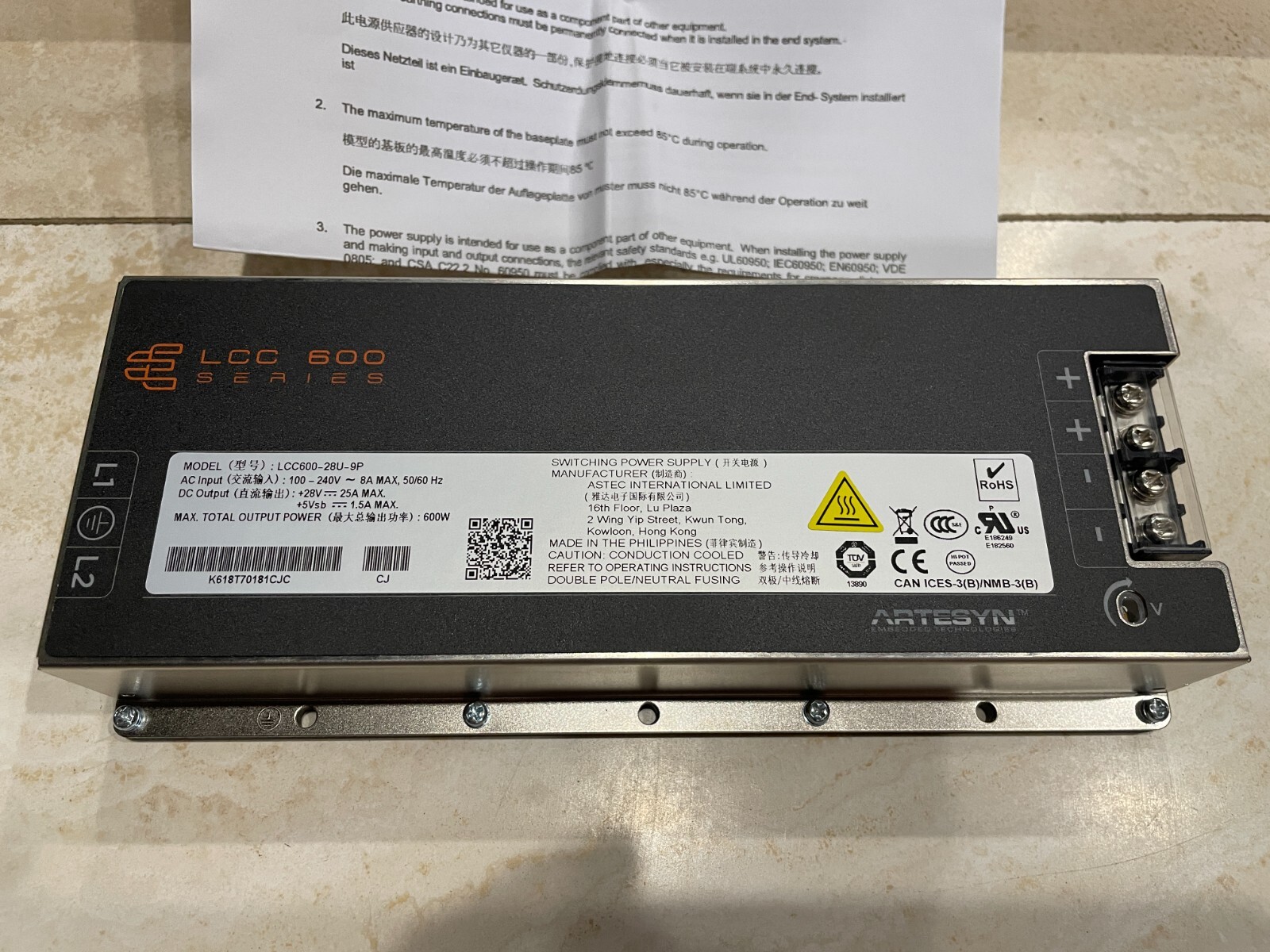 Artesyn, Switching Power supply, LCC600-28U-9P, 600W