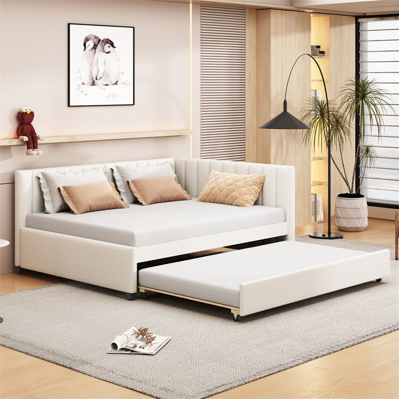 Full Size Linen Fabric Upholstered Daybed with Trundle Sofa Bed Frame,Beige