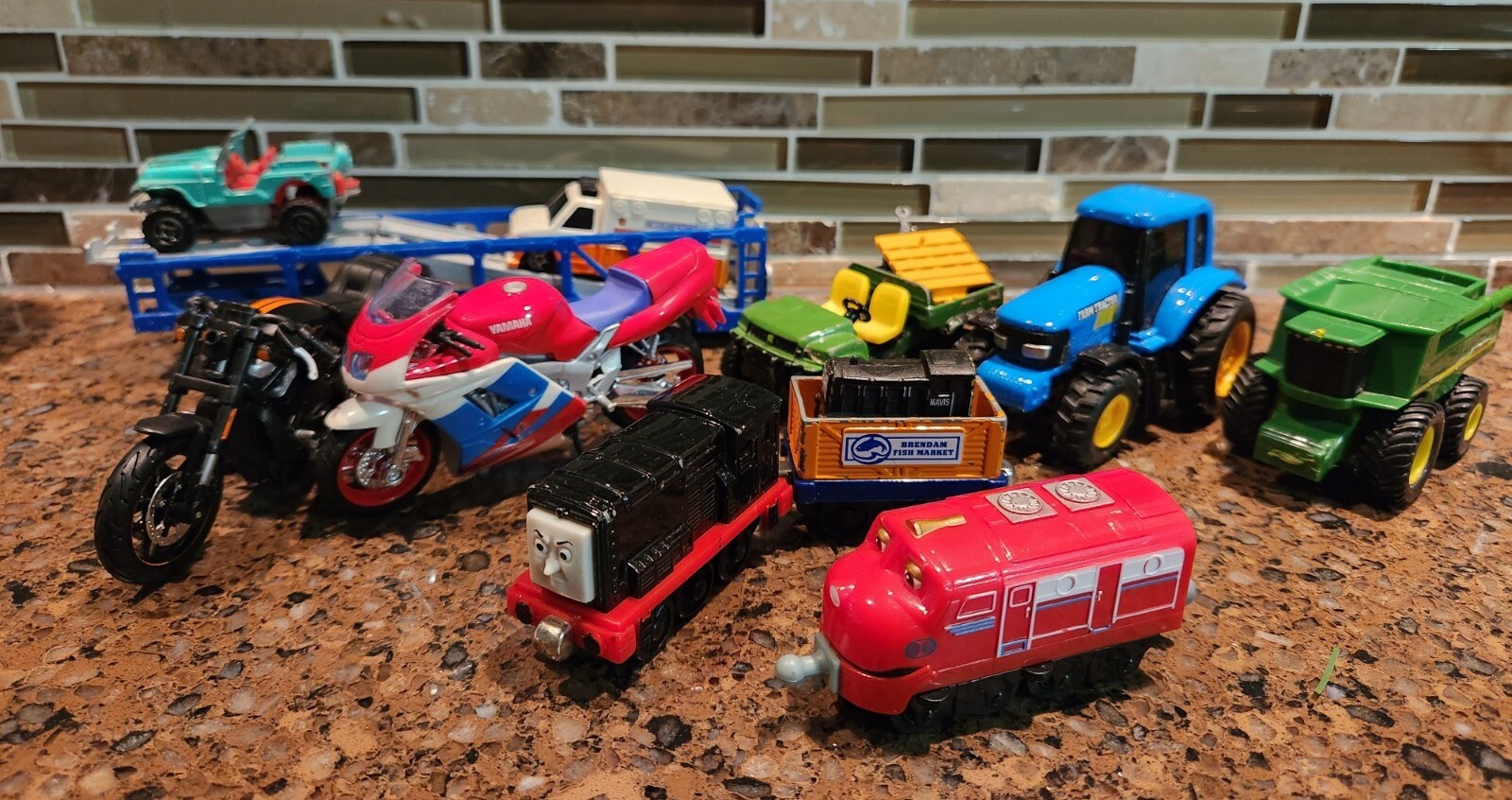 Lot of 13 Toy Trains Tractors Motorcycles and Others