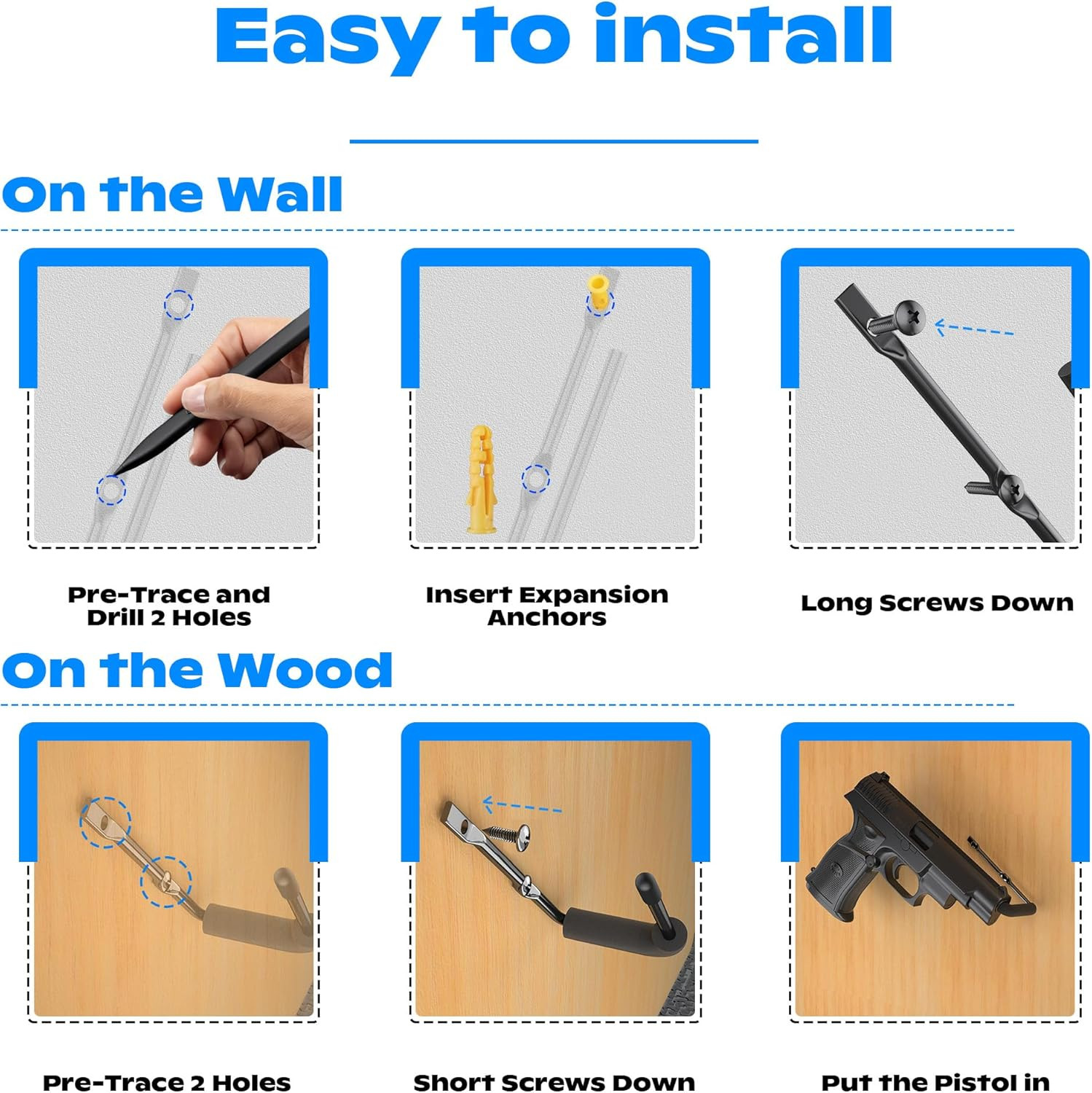8Pcs Pistol Wall Mount Rack - Rubber Wrap Top Pistol Rack for Wall,Cabinet,Safe,